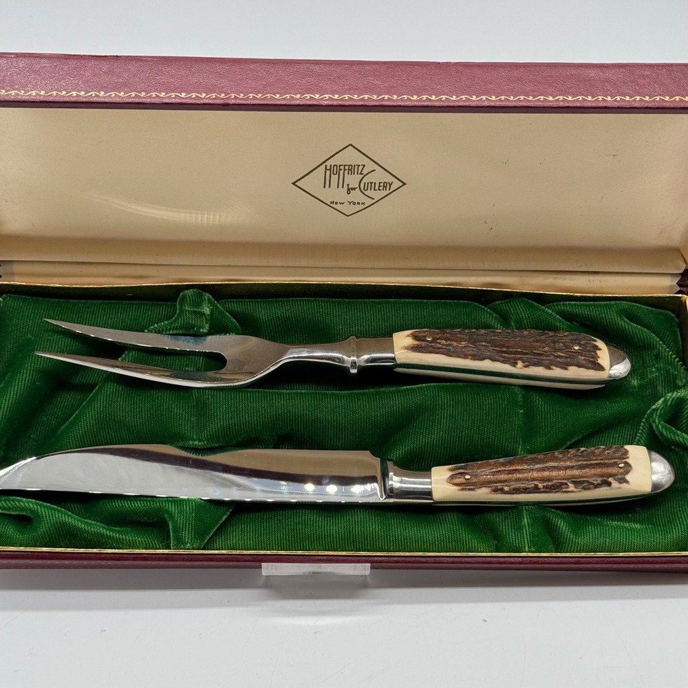 Vintage Hoffritz NY Germany Stag Antler Handle 2Pc Carving Knife Fork Set Cased